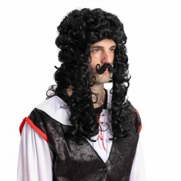 Men's Black Pirate Wig with 1 Mustache Halloween Wig for Adults Cosplay Party Accessories  Men's Black Pirate Wig with 1 Mustache Halloween Wig for Adults Cosplay Party Accessories