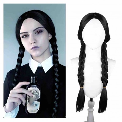 Movie The Addams family wig black middle braid cos wig Wednesday Addams wig Movie The Addams family wig black middle braid cos wig Wednesday Addams wig