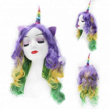 Heat Resistant Synthetic Hair colorful Curly Wig Rainbow horn wig cosplay party wig Heat Resistant Synthetic Hair colorful Curly Wig Rainbow horn wig cosplay party wig
