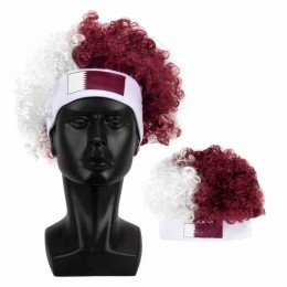 Custom cheap price promotion football fans gifts afro wig headband wig with Qatar country flag printed  Custom cheap price promotion football fans gifts afro wig headband wig with Qatar country flag printed