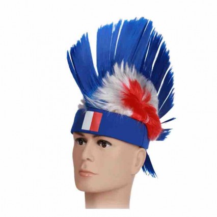 Wholesale WM2022 France color cockscomb wig crazy French soccer fans mohawk wigs with headband Wholesale WM2022 France color cockscomb wig crazy French soccer fans mohawk wigs with headband