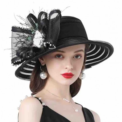 wholesale fashion Women sun hat wide brim Kentucky Derby satin breathable black Church wedding Party hat with big flower wholesale fashion Women sun hat wide brim Kentucky Derby satin breathable black Church wedding Party hat with big flower