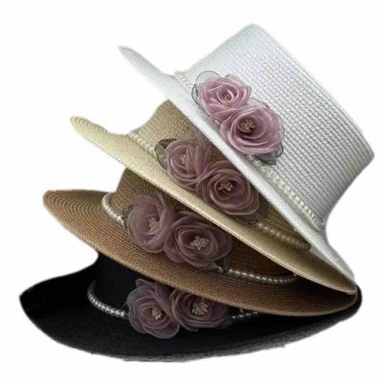 new women Sun Hat Flat Top boater with pearls Summer Beach fedora paper straw panama hats wholesale new women Sun Hat Flat Top boater with pearls Summer Beach fedora paper straw panama hats wholesale