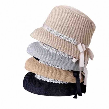 2024 new ladies women Sun Hats paper Straw beach sunscreen bucket cloche hat with pearls 2024 new ladies women Sun Hats paper Straw beach sunscreen bucket cloche hat with pearls