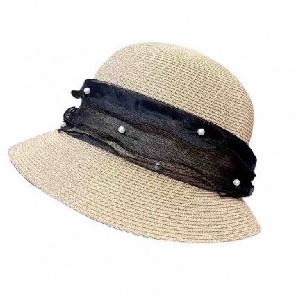 2024 new ladies women Sun Hats paper Straw beach sunscreen cloche hat with pearl organza ribbon for Travel Outdoor 2024 new ladies women Sun Hats paper Straw beach sunscreen cloche hat with pearl organza ribbon for Travel Outdoor