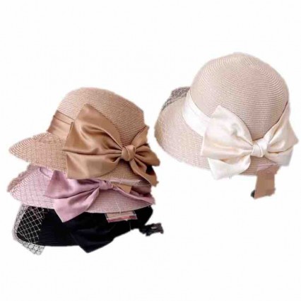 2024 new ladies women Sun Hats paper Straw beach sunscreen cloche hat with satin bowknot & mesh veil 2024 new ladies women Sun Hats paper Straw beach sunscreen cloche hat with satin bowknot & mesh veil