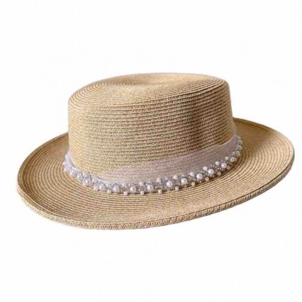 new women Sun Hat Flat Top boater with pearls Summer Beach fedora paper straw panama hats wholesale new women Sun Hat Flat Top boater with pearls Summer Beach fedora paper straw panama hats wholesale