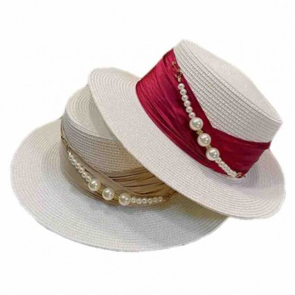 new 7 colors women Sun Hat Flat Top boater with pearls Summer Beach fedora paper straw panama hats wholesale new 7 colors women Sun Hat Flat Top boater with pearls Summer Beach fedora paper straw panama hats wholesale