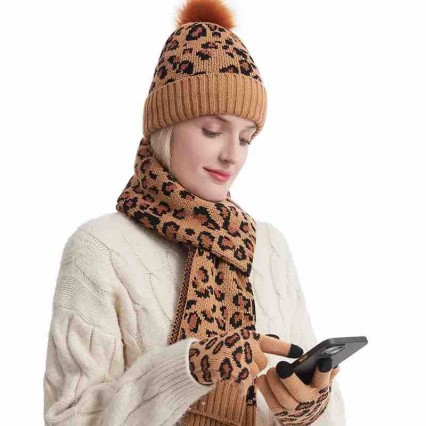 ready to ship 6 colors thickness cotton leopard Knitted beanie hat cap pom pom winter hat woman scarf and glove set ready to ship 6 colors thickness cotton leopard Knitted beanie hat cap pom pom winter hat woman scarf and glove set