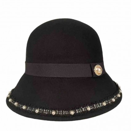 fashion chic black felt hats women winter wool felt cloche hat with pearls ladies dress wool hat winter fashion chic black felt hats women winter wool felt cloche hat with pearls ladies dress wool hat winter