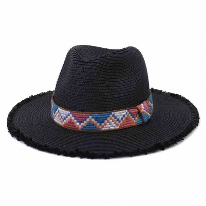 ethnic women fashion black straw beach fedora sun hat outdoor travel UV protection jazz panama hat with woven band ethnic women fashion black straw beach fedora sun hat outdoor travel UV protection jazz panama hat with woven band