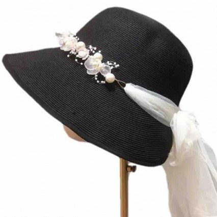 new ready to ship elegant floral jewelled paper Straw black sun hat for Travel Outdoor beach straw summer hats women female new ready to ship elegant floral jewelled paper Straw black sun hat for Travel Outdoor beach straw summer hats women female