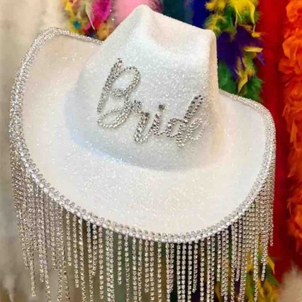 Rhinestone Bride Cowgirl Hat Bling Diamond glitter Fringe Cowboy Hat Bride to be for Bachelorette Parties, Engagement Party Rhinestone Bride Cowgirl Hat Bling Diamond glitter Fringe Cowboy Hat Bride to be for Bachelorette Parties, Engagement Party