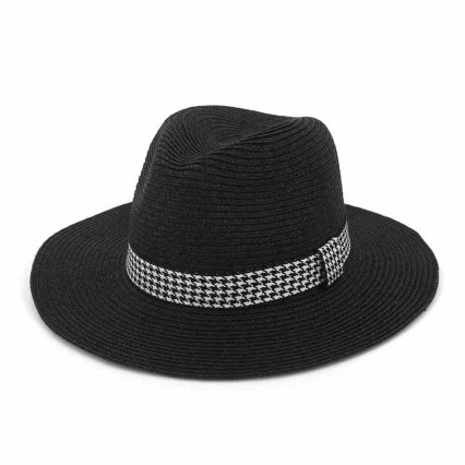 women female outdoor travel UV protection summer black sun hat wide brim paper straw panama beach hats with houndstooth ribbon women female outdoor travel UV protection summer black sun hat wide brim paper straw panama beach hats with houndstooth ribbon