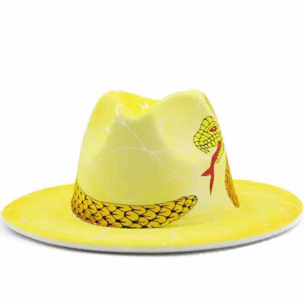 2024 new fashion chic women men unisex yellow felt Graffiti snake fedora hat gentleman panama trilby mens dress hats wholesale 2024 new fashion chic women men unisex yellow felt Graffiti snake fedora hat gentleman panama trilby mens dress hats wholesale