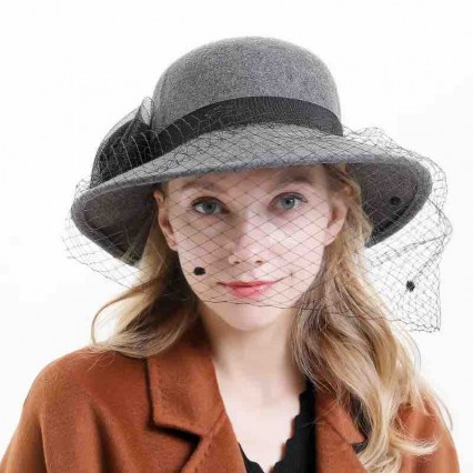Fashion british style Wool felt women's formal hats wide brim bucket tea party dress hats church cloche hat with mesh veil Fashion british style Wool felt women's formal hats wide brim bucket tea party dress hats church cloche hat with mesh veil