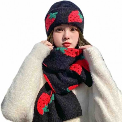 ready to ship fashion strawberry jacquard wool blended Knitted beanie Hat Cap women winter hat and scarf set ready to ship fashion strawberry jacquard wool blended Knitted beanie Hat Cap women winter hat and scarf set