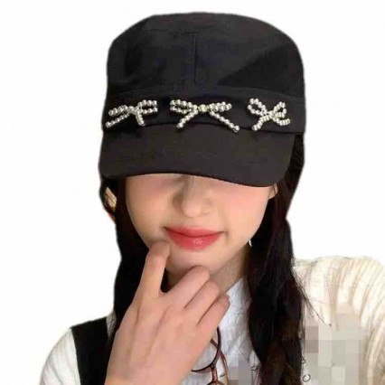 2024 new fashion women acrylic black Flat Top newsboy hat baseball hats with pearl bowknots 2024 new fashion women acrylic black Flat Top newsboy hat baseball hats with pearl bowknots