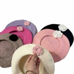 6 colors fashion winter women knit 3D flower wool Beret hat Lovely Gift creative Berets Cap dress painter hats  6 colors fashion winter women knit 3D flower wool Beret hat Lovely Gift creative Berets Cap dress painter hats