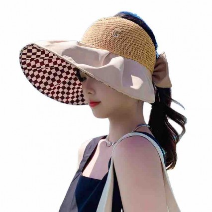 fashion chic women packable knitted grid cotton wide brim Bucket Hats ponytail sun visor hat UV protection Travel beach sun hat fashion chic women packable knitted grid cotton wide brim Bucket Hats ponytail sun visor hat UV protection Travel beach sun hat