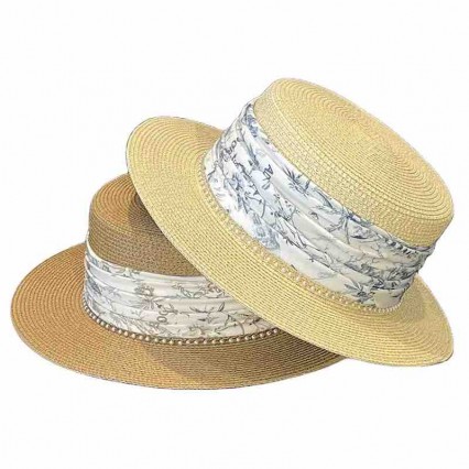 2023 new women Sun Hat Flat Top boater Panama beach hats for women summer straw hats with pearls satin ribbon 2023 new women Sun Hat Flat Top boater Panama beach hats for women summer straw hats with pearls satin ribbon
