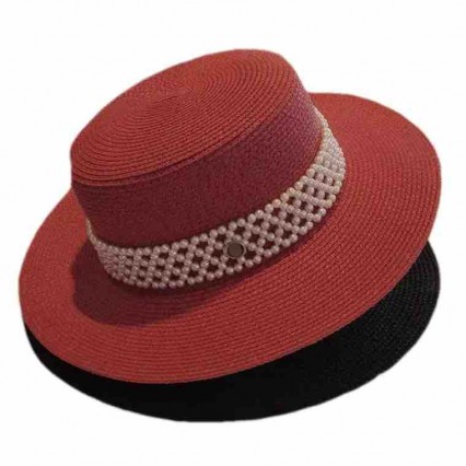chic fashion red paper straw beach fedora trilby sun hat for women outdoor UV protection flat top boater hat with pearls chic fashion red paper straw beach fedora trilby sun hat for women outdoor UV protection flat top boater hat with pearls