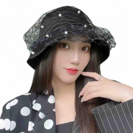 fashion chic Women lady packable pearls mesh dress satin bucket hat Travel sun hats fashion chic Women lady packable pearls mesh dress satin bucket hat Travel sun hats