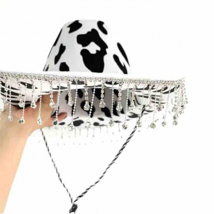 new Adult Size Cow Print White/Black-for Western Theme Wild West Party Cowboy Hat with rhinestone tassels new Adult Size Cow Print White/Black-for Western Theme Wild West Party Cowboy Hat with rhinestone tassels