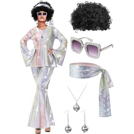70s Women Disco Outfit Costume Disco Party Top Pants Sunglasses Ball Necklace Earring Wig for Halloween New Year Eve
