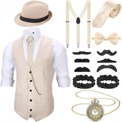 1920s Mens Costume Roaring Outfit with Gangster Vest Hat Pocket Watch Suspenders for Derby Attire 2026 1920s Mens Costume Roaring Outfit with Gangster Vest Hat Pocket Watch Suspenders for Derby Attire 2026