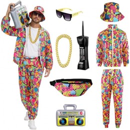 Retro 80s 90s Outfit for Men - Vintage 80s Halloween Costumes for Men-Tracksuit Set with Hip-Hop Accessories