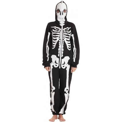 Skeleton Onesie Halloween Costumes for Women Adult - Comfortable Fleece Fabric with Cozy Hooded