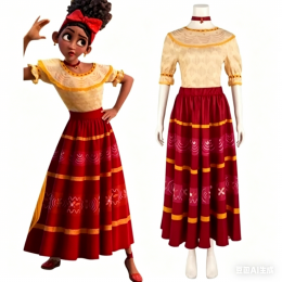 Encanto Dolores Madrigal Cosplay Costume, Ruffles Dress with Headwear, Halloween Carnival Outfit