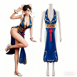 Street Fighter Chun Li Blue Cheongsam Dress Belt Headgear Chun-Li Cosplay Costume