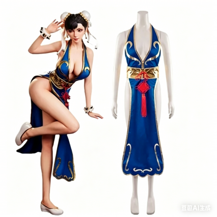 Street Fighter Chun Li Blue Cheongsam Dress Belt Headgear Chun-Li Cosplay Costume Street Fighter Chun Li Blue Cheongsam Dress Belt Headgear Chun-Li Cosplay Costume