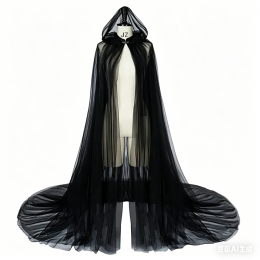 Black Mesh Hood Tulle Cape for Women Wedding Bridal Soft Floor Length Cloak Halloween Carnival Party Cosplay Costume