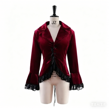 Medieval Cosplay Costume Women Velvet Coat One Button Corset Jacket Black Lace Flared Cuffs Party Outfits