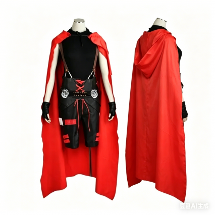 RWBY 3 Ruby Rose Cosplay Costume, Unisex Battle Uniform with Red Cloak Cape Halloween Party Outfit